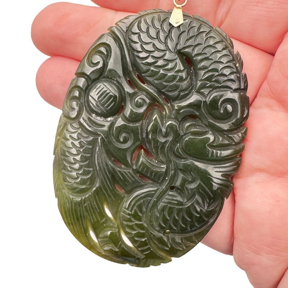 Vintage Chinese 14k Gold Carved Jade Dragon 2 3/4" x 2" Pendant Only